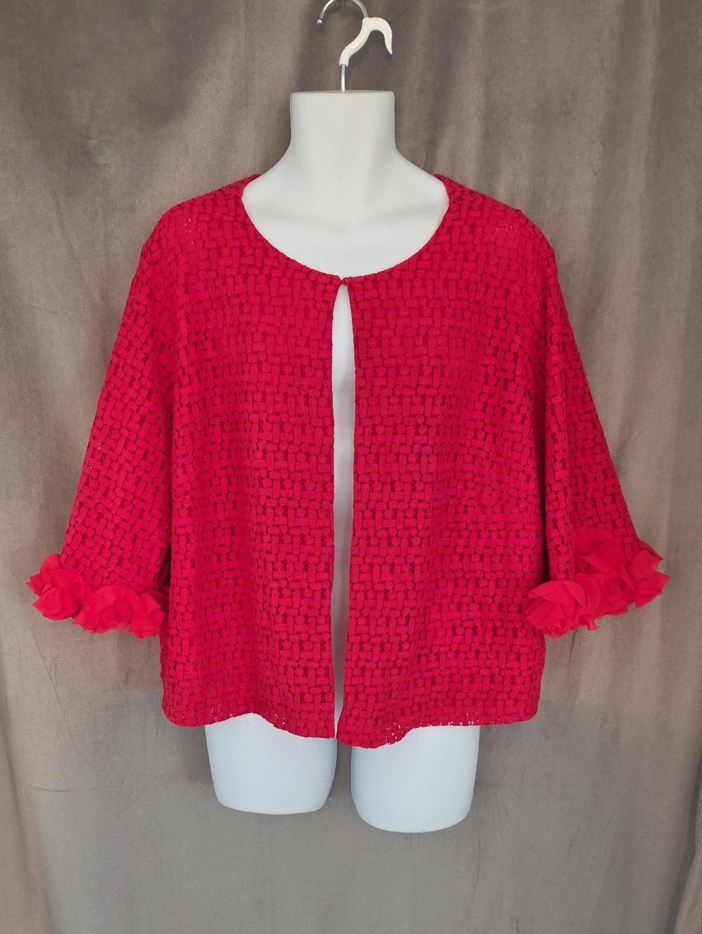 Joan Rivers 3x Bright Red Crochet Open-Front Shrug with Ruffle Cuffs